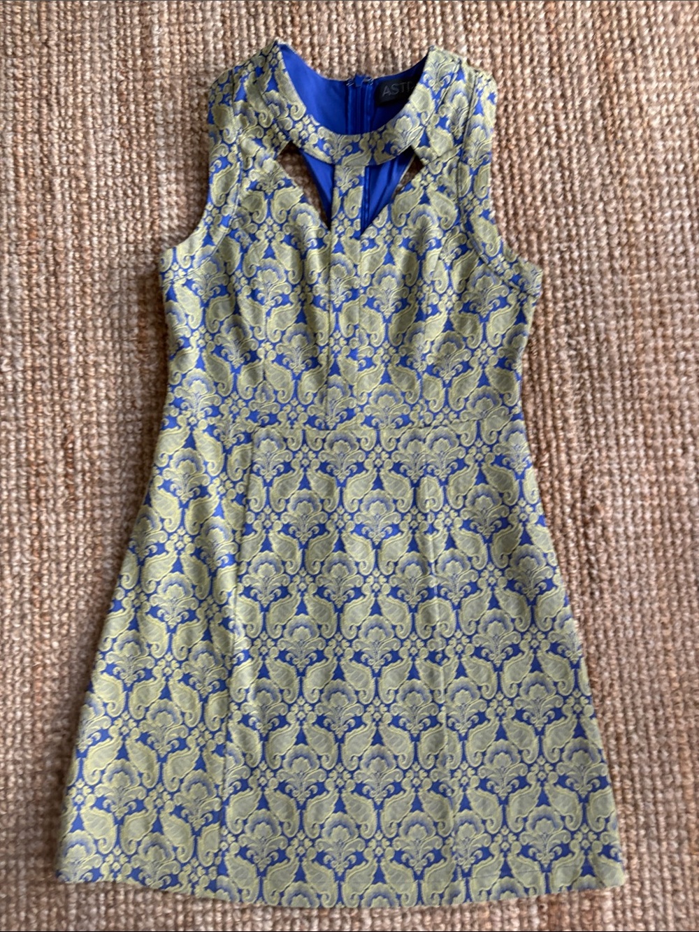Astr Blue and Green Brocade Keyhole Mini Dress